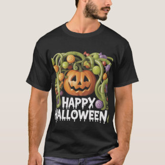 Camiseta Feliz Ilustração de Abóbora de Halloween com Doces