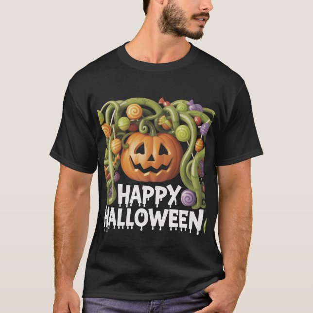 Camiseta Feliz Ilustração de Abóbora de Halloween com Doces (Frente)