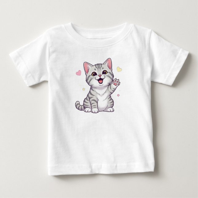 Camiseta Feliz Ilustração de Gato de Ar Curto Americano (Frente)