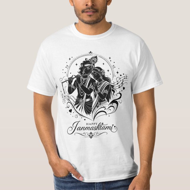 Camiseta Feliz Janmashtami Flauta Radha Krishna (Frente)