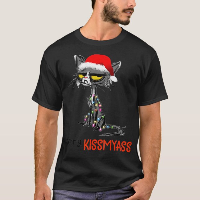 Camiseta Feliz Kissmyass Engraçado Gato de Natal Negro (Frente)