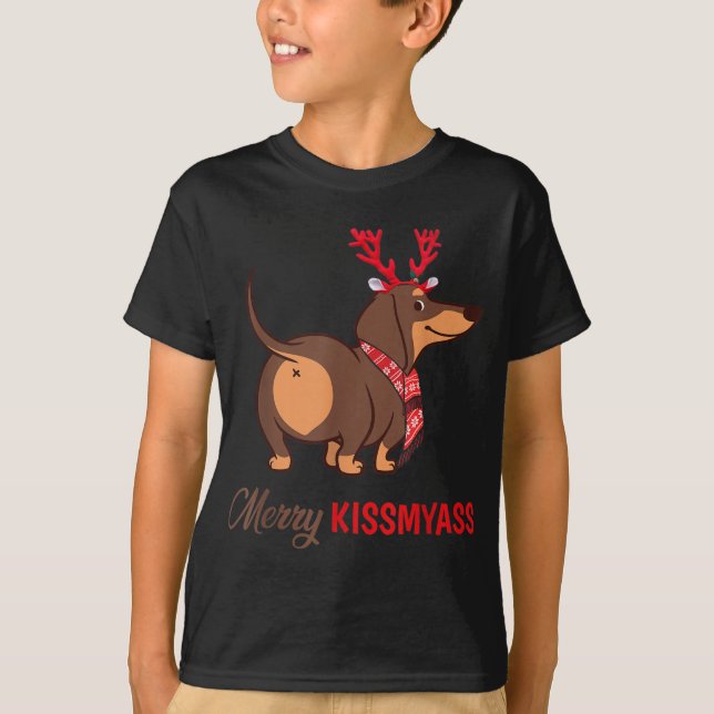 Camiseta Feliz Kissmyass Engraçado Reindeer de Natal Dachsh (Frente)