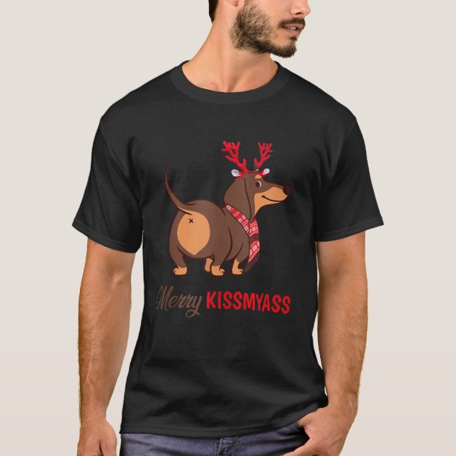 Camiseta Feliz Kissmyass Engraçado Reindeer de Natal Dachsh (Frente)