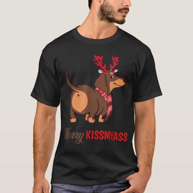 Camiseta Feliz Kissmyass Engraçado Reindeer de Natal Dachsh (Frente)