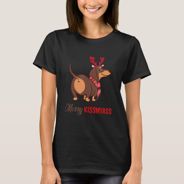 Camiseta Feliz Kissmyass Reindeer de Natal Cão Dachshund (Frente)