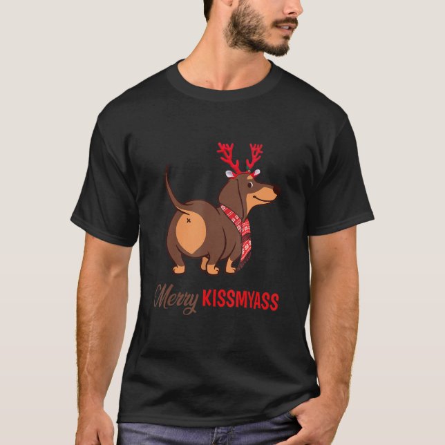 Camiseta Feliz Kissmyass Reindeer de Natal Cão Dachshund (Frente)