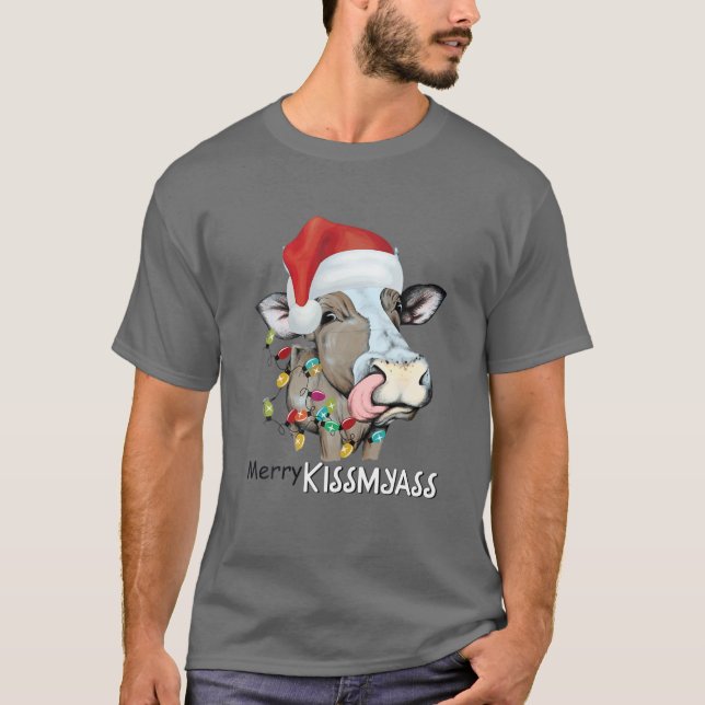 Camiseta Feliz Kissmyass Xmas Ugly Cow Lover Santa Hat Paja (Frente)