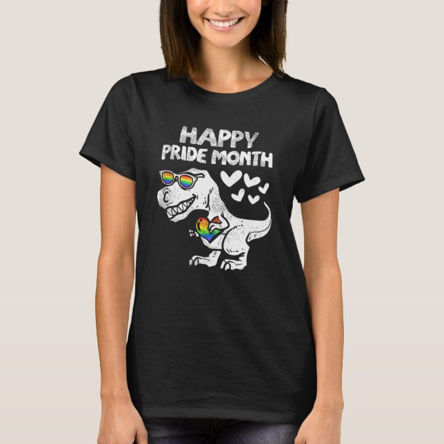 Camiseta Feliz LGBT Orgulho gay mês Trex Dinossauro Arco-Ír (Frente)