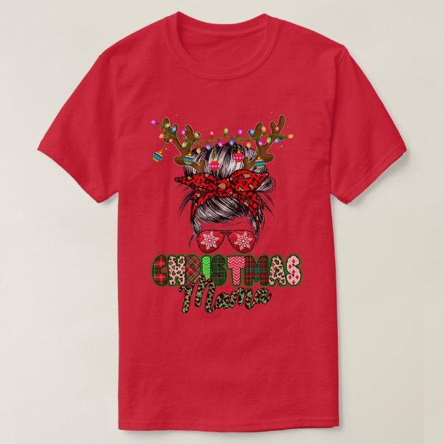 Camiseta Feliz Mama Natal Mensagem Bun Senhoras Xadrez Verm (Frente do Design)