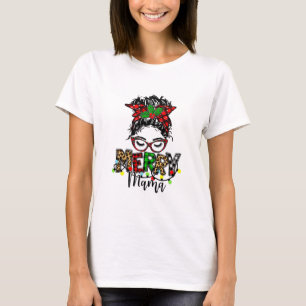 Camiseta Feliz Mama Natal Mensagem Bun Senhoras Xadrez Verm