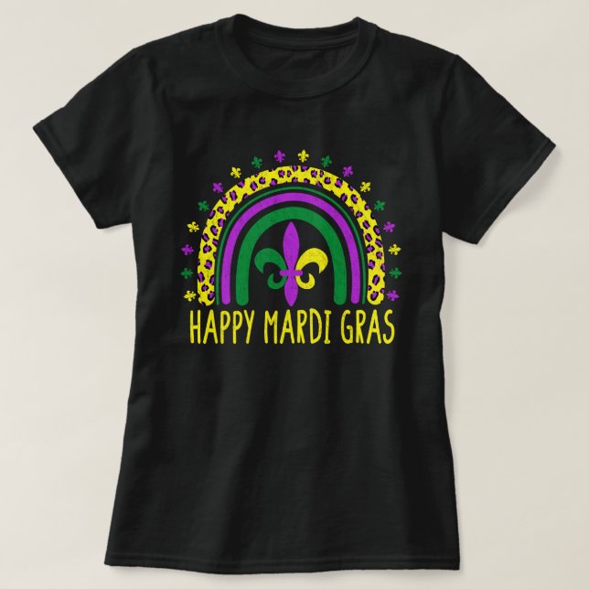Camiseta Feliz Mardi Gras Cute Leopard Rainbow (Frente do Design)