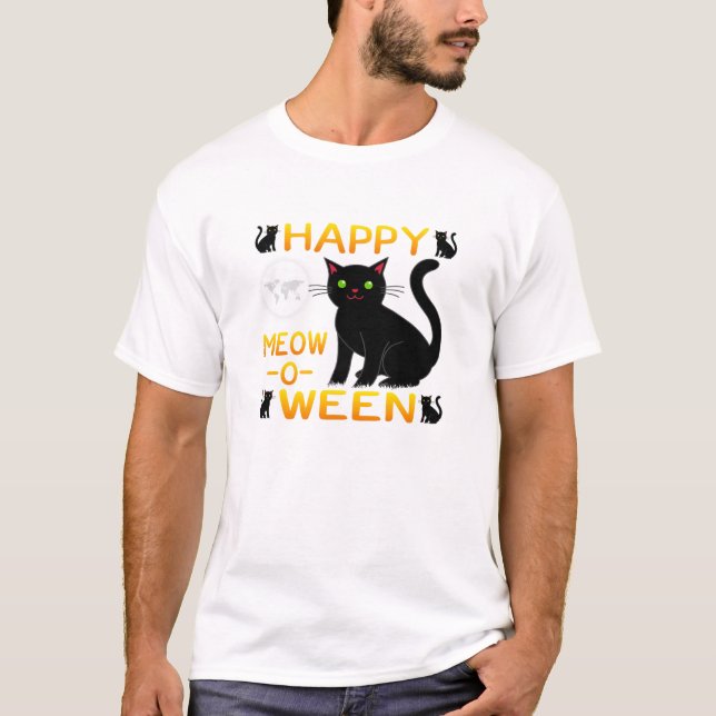 Camiseta Feliz Meow-O-Ween - Gatos Pretos (Frente)