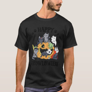Camiseta Feliz Meowloween Gato Fofo Roupa de Halloween Gato