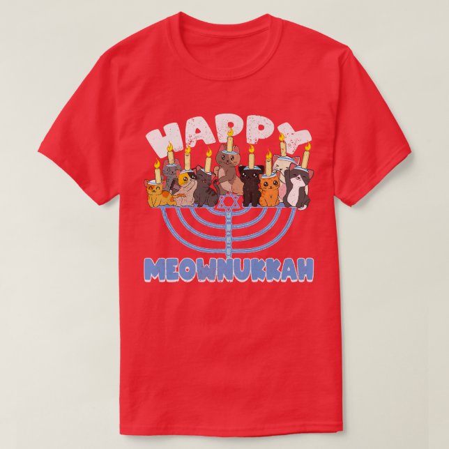 Camiseta Feliz Meownukkah Cats em Menorah para Hanukkah Cha (Frente do Design)