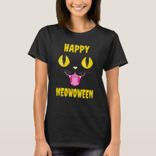 Camiseta Feliz MeowOween Dia das Bruxas Rosto de Gato Preto