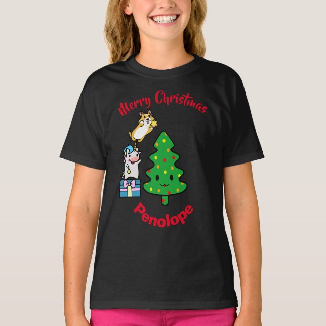 Camiseta Feliz Natal - Adorável Corgi e Unicórnio com Estre (Frente)