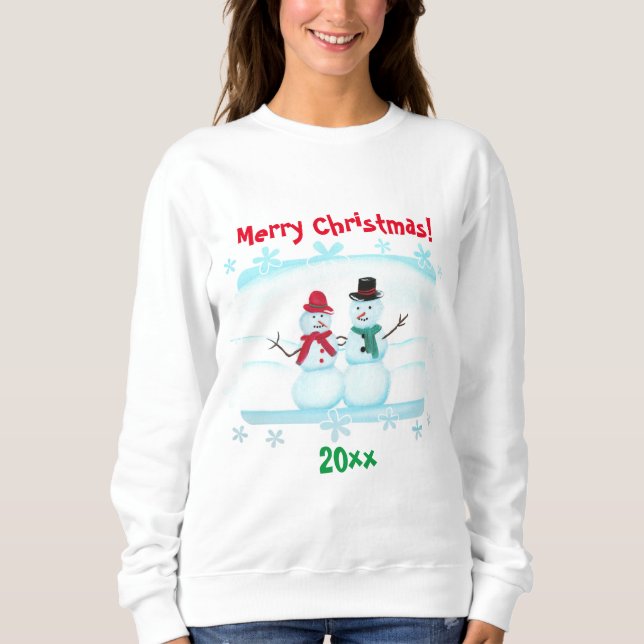 Camiseta Feliz Natal, ano, pessoas de neve (Frente)