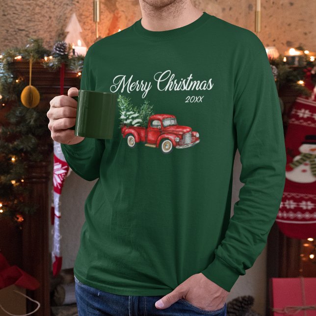 Camiseta Feliz Natal Aquarela Vintage Red Truck Verde (Several shirt styles and colors to choose from.)