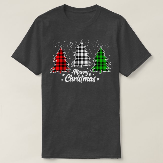 Camiseta Feliz Natal Árvore Buffalo Xadrez Vermelha Verde (Frente do Design)