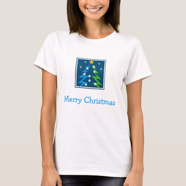 Camiseta Feliz Natal - Árvore de Natal com estrelas (Frente)