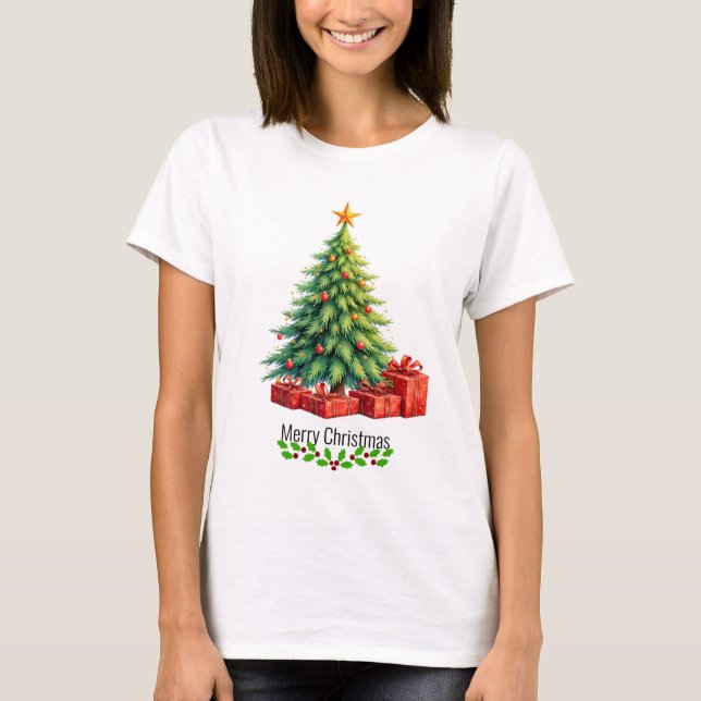 Camiseta Feliz Natal, Árvore Decorada, (Frente)