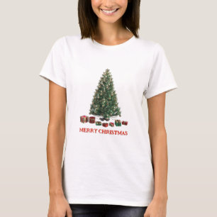 Camiseta Feliz Natal. Árvore (design 1) com presentes