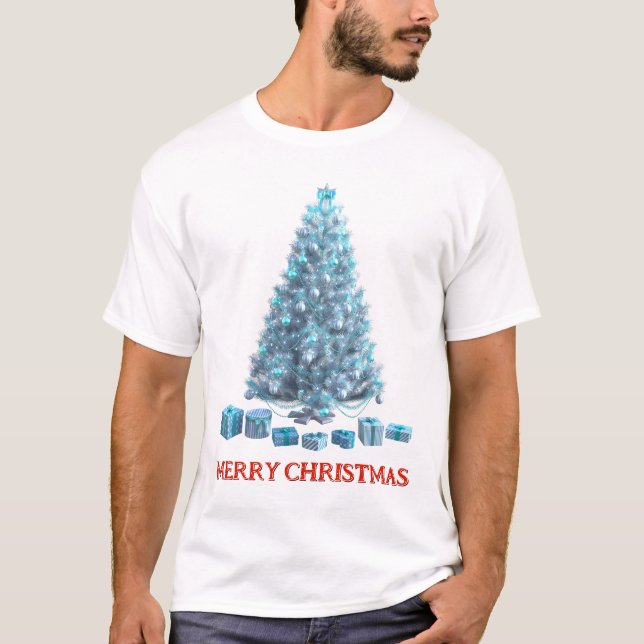Camiseta Feliz Natal. Árvore (design 4) com presentes (Frente)