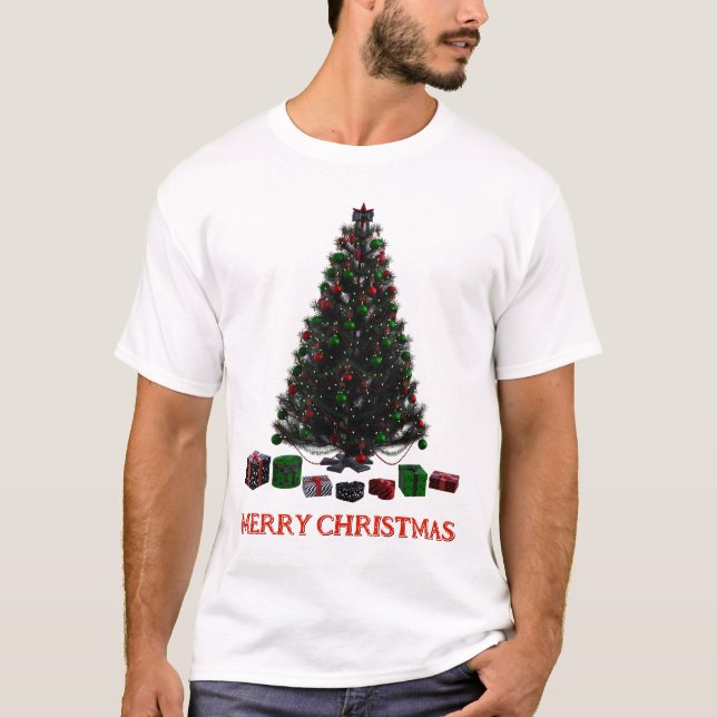 Camiseta Feliz Natal. Árvore (design 5) com presentes (Frente)
