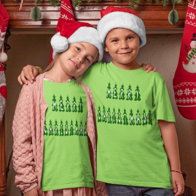 Camiseta Feliz Natal Árvore Font Girls and Boys (Merry Christmas Tree Font Girls and Boys T-Shirt)
