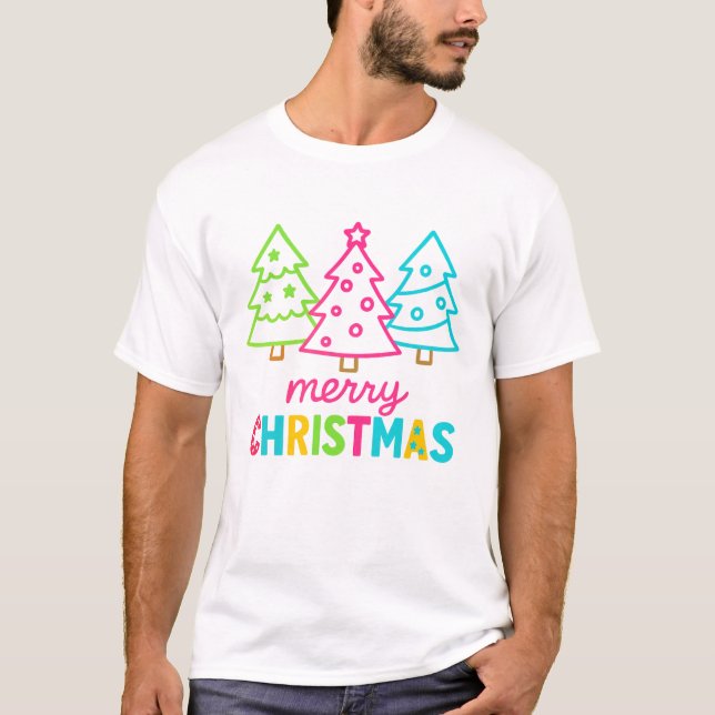 Camiseta Feliz Natal Árvores Coloridas Feriado Bonito (Frente)