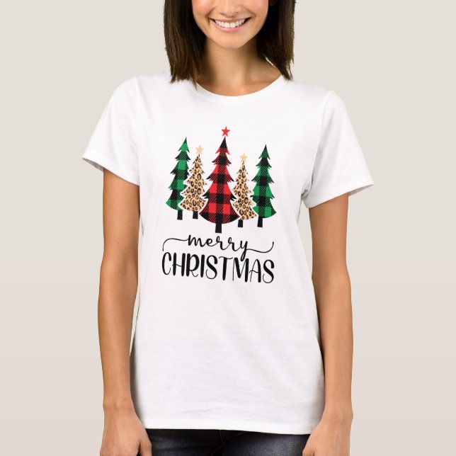 Camiseta Feliz Natal, Árvores Vermelhas e Xadrezes Negras (Frente)