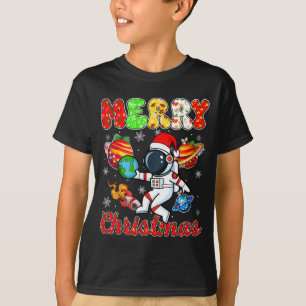Camiseta Feliz Natal Astronauta Chapéu do Papai Noel Flocos