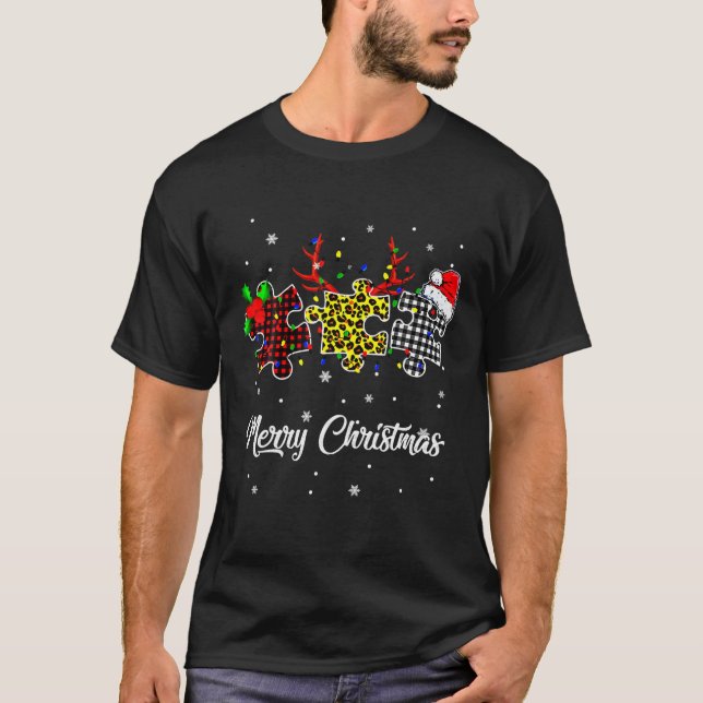 Camiseta Feliz Natal Autismo Quebra-cabeça Leopardo com Pap (Frente)