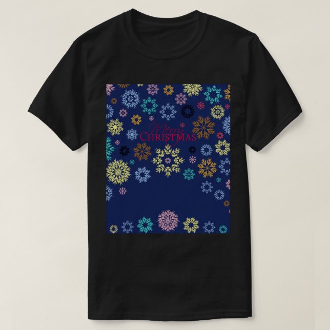 Camiseta Feliz Natal Azul Escuro Flocos de Neve Multicolori (Frente do Design)