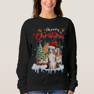 Camiseta Feliz Natal Azul Merle Collie Dog Santa Hat Li