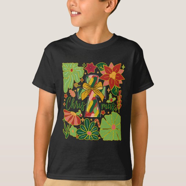 Camiseta Feliz Natal Boho Flores Cruzam Mulheres Cristãs (Frente)