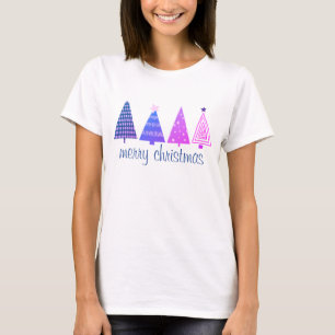 Camiseta Feliz Natal Boho Roxo e Árvores Rosa Brancas
