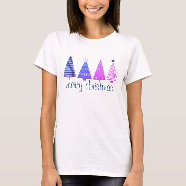 Camiseta Feliz Natal Boho Roxo e Árvores Rosa Brancas (Frente)