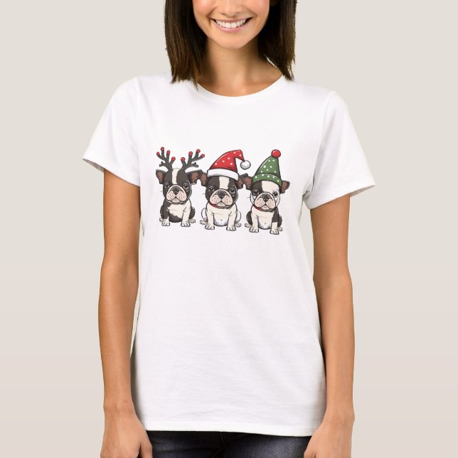Camiseta Feliz Natal - Boston Terrier Dogs (Frente)