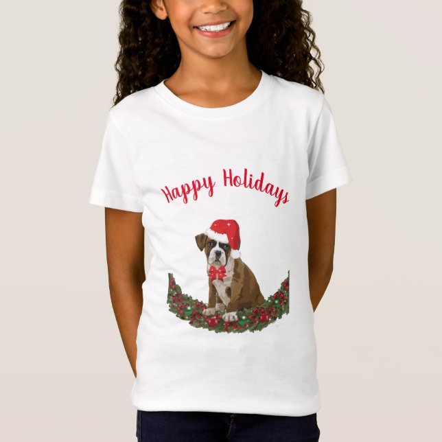 Camiseta Feliz Natal Boxer Cachorro Santa Hat (Frente)