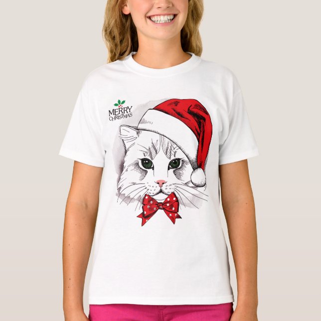 Camiseta Feliz Natal branco bonito do gato (Frente)