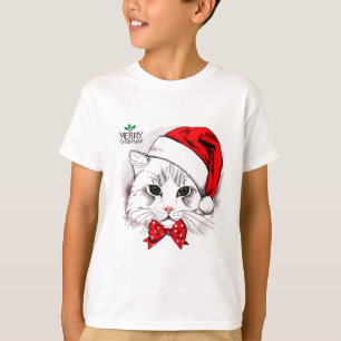 Camiseta Feliz Natal branco bonito do gato