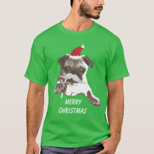 Camiseta Feliz Natal branco do Pug do papai noel do bigode