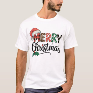 Camiseta Feliz Natal Buffalo Plaid Chapéu do Papai Noel Amo