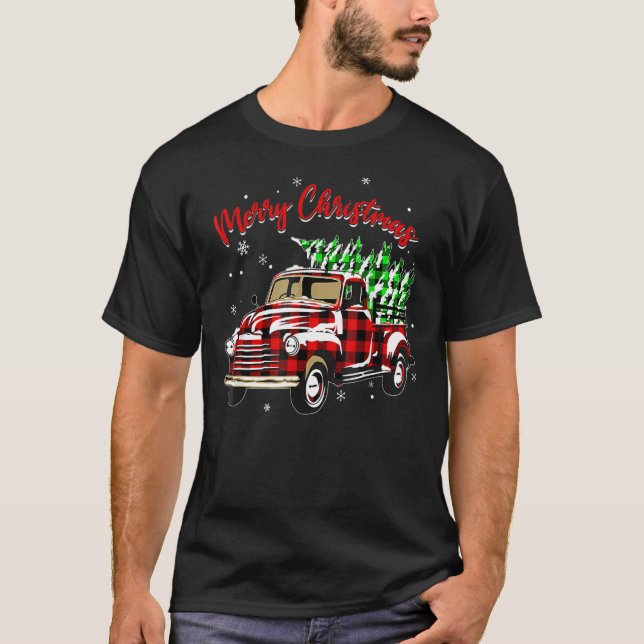 Camiseta Feliz Natal Buffalo Tree Red Xadrez Familiar (Frente)