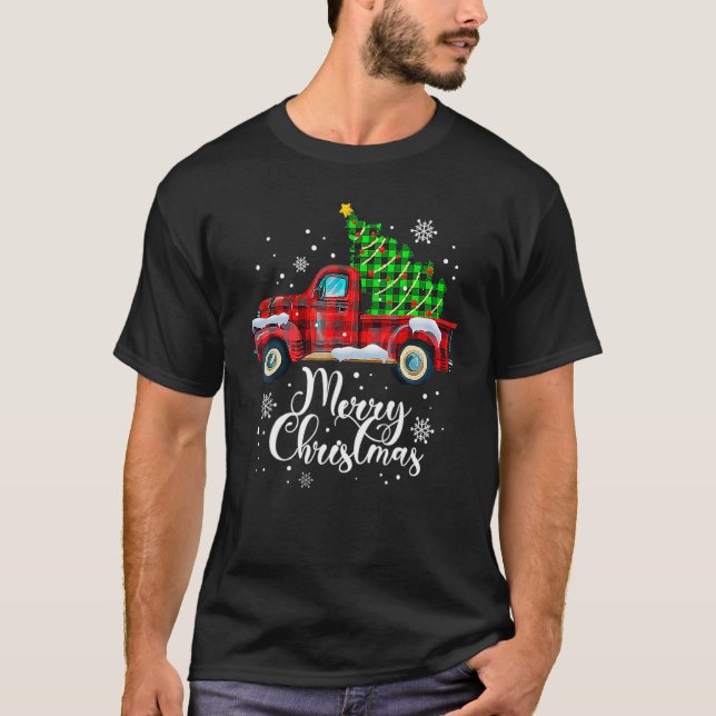 Camiseta Feliz Natal Buffalo Tree Red Xadrez Familiar (Frente)
