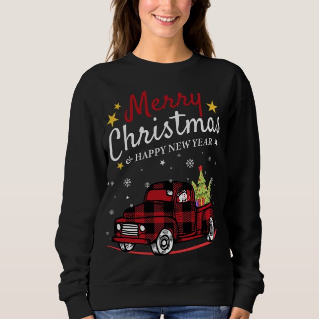 Camiseta Feliz Natal Buffalo Truck Snowman Tree Red Pla (Frente)