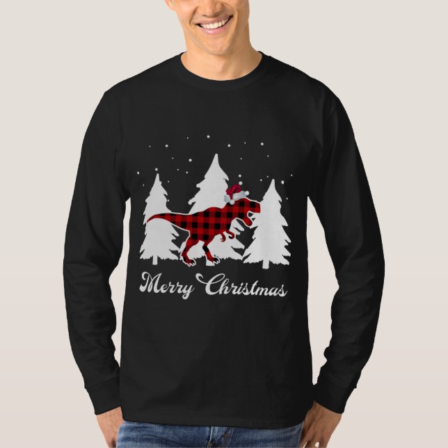 Camiseta Feliz Natal Buffalo Xadrez Dinossauro Papais noeis (Frente)