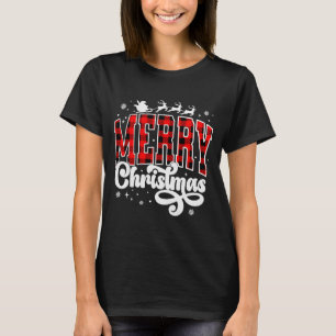 Camiseta Feliz Natal Buffalo Xadrez Vermelho Família Santa 