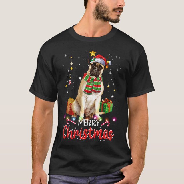 Camiseta Feliz Natal Bullmastiff Santa Hat Tree Lights (Frente)